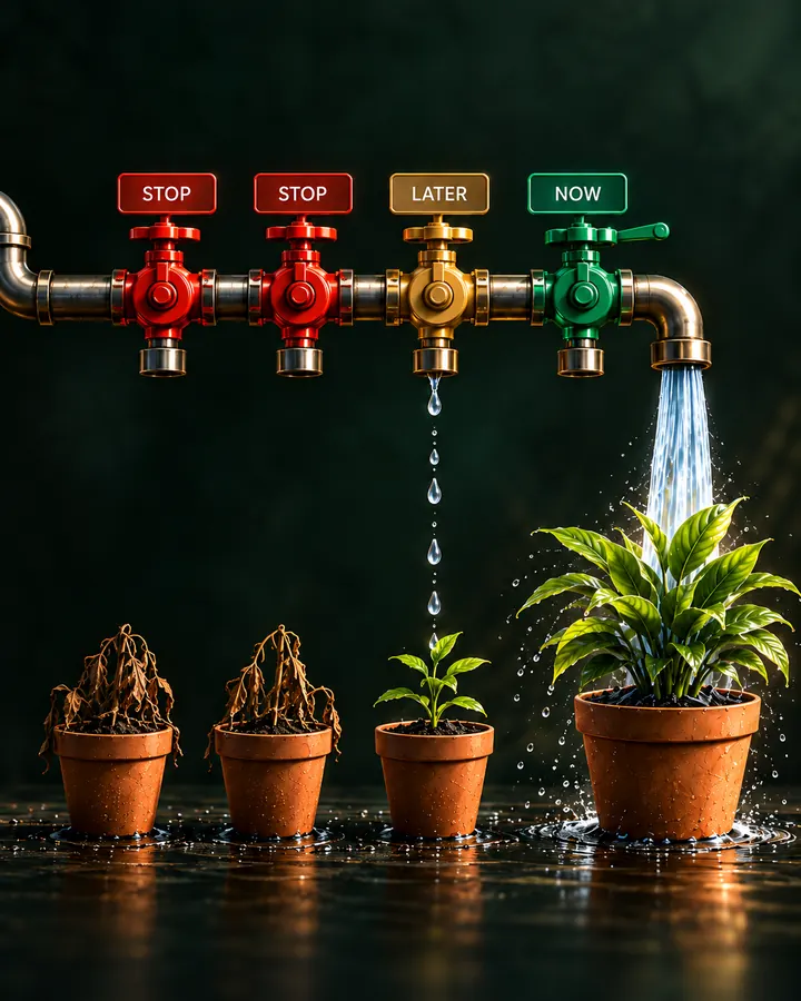 The same pipe now has four valves marked STOP, STOP, LATER and NOW. The NOW valve pours a strong stream onto one large, healthy plant, the LATER valve drips onto a seedling, and the two stopped pots stay dry.