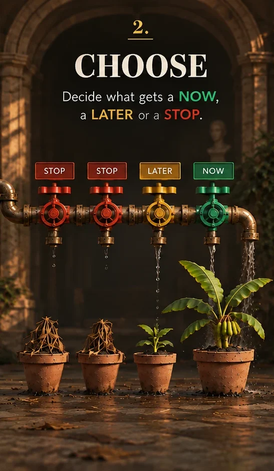 The same pipe now has four valves marked STOP, STOP, LATER and NOW. The NOW valve pours a strong stream onto one large, healthy plant, the LATER valve drips onto a seedling, and the two stopped pots stay dry.