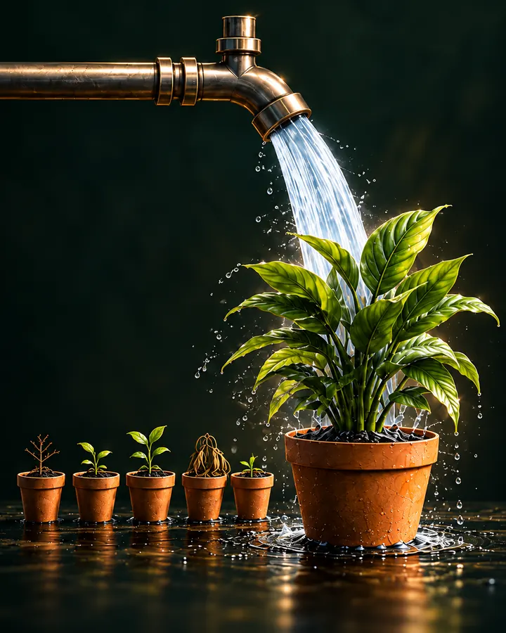 All the water flows through one tap onto one large, thriving plant. Five small pots of various distractions and low-impact priorities get none.