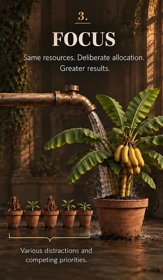 All the water flows through one tap onto one large, thriving plant. Five small pots of various distractions and competing priorities get none.