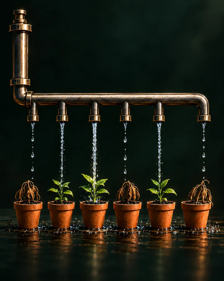 Finite available energy and resources flow through one pipe into six taps at once. Every pot gets only a trickle: three seedlings stay small and three plants have dried out.