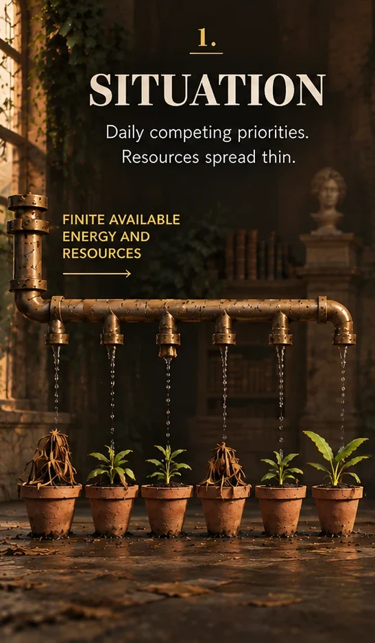 Finite available energy and resources flow through one pipe into six taps at once. Every pot gets only a trickle: three seedlings stay small and three plants have dried out.