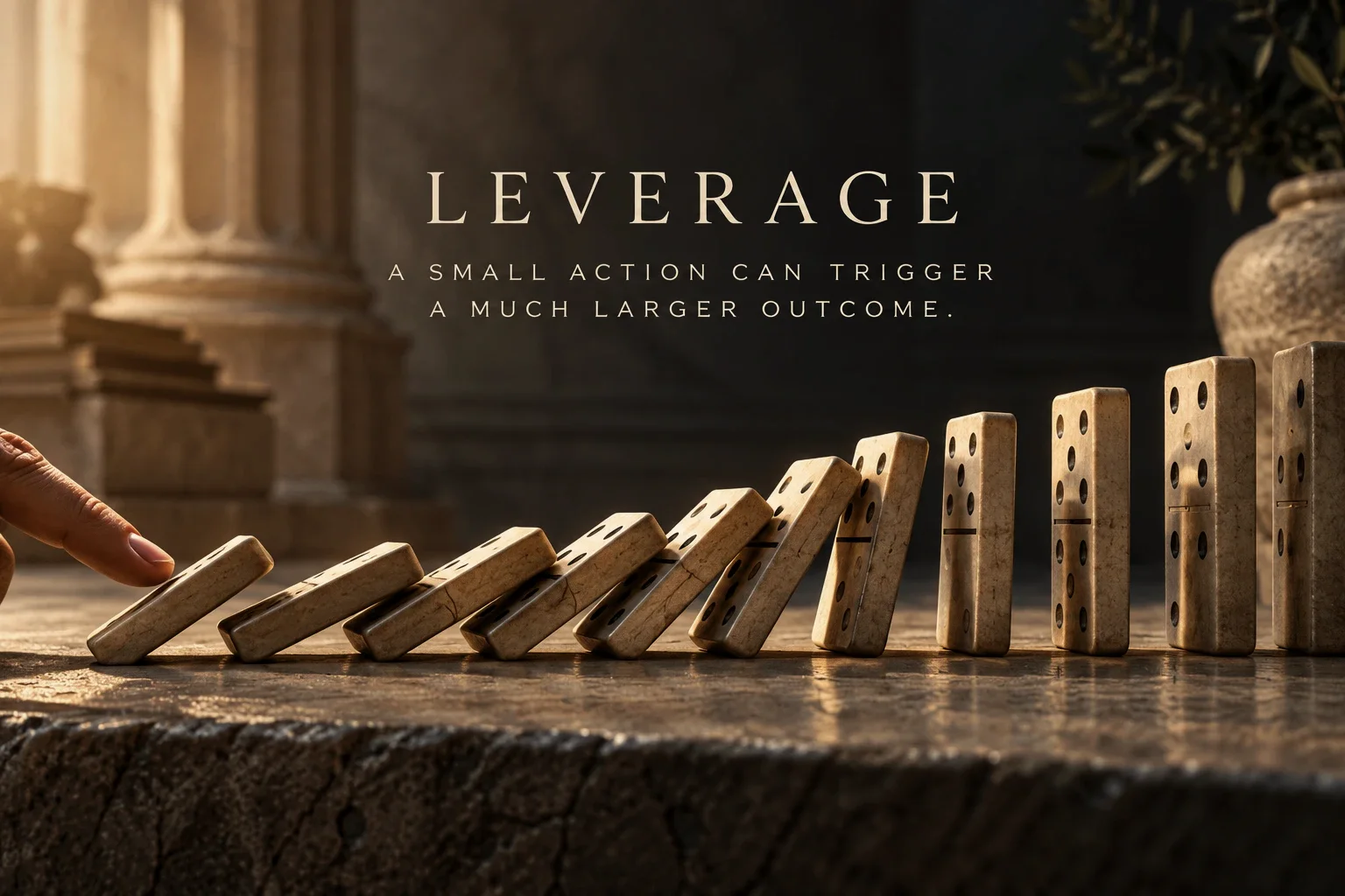 A finger tips the first of a row of stone dominoes. Text in the picture: Leverage. A small action can trigger a much larger outcome.