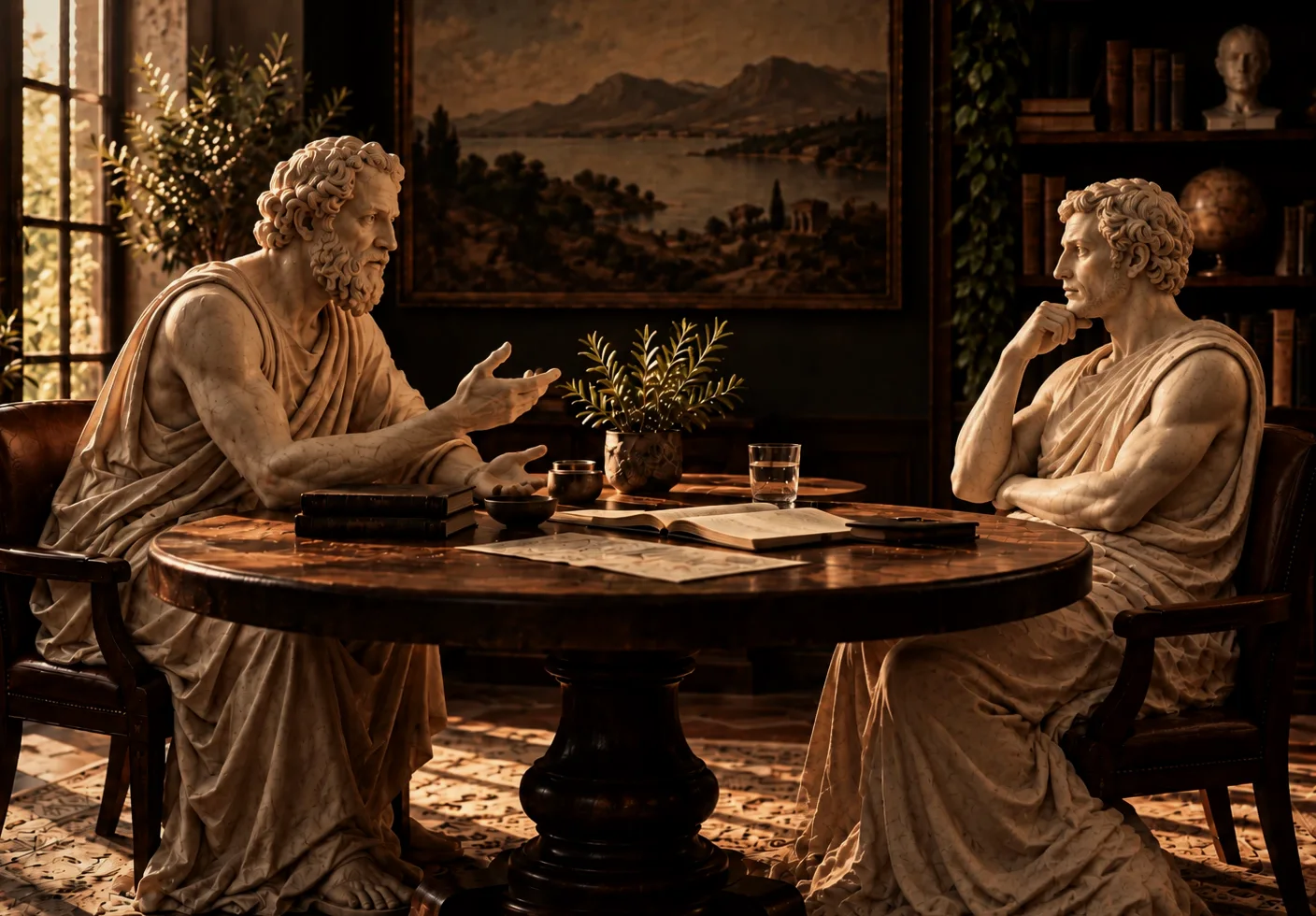 Two marble figures in conversation at a round table, one speaking, one listening.